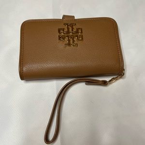 Tory Burch phone and wallet wristlet; Color: Cognac; Hardware: Gold great